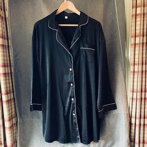Black Sleep Shirt with White Trim and Breast Pocket; Satin Feel Fits XL-3XL